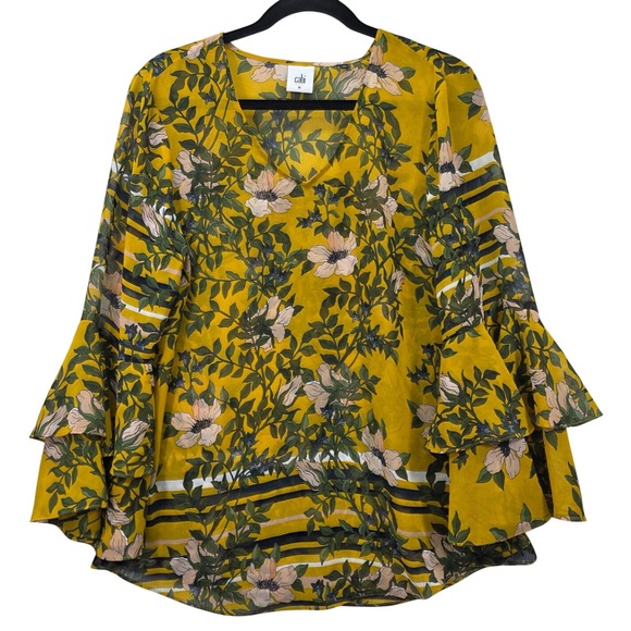 CAbi Tops - Cabi Spring Scene Gilded Floral Blouse Women's M Mustard Bell Sleeves Sheer Boho
